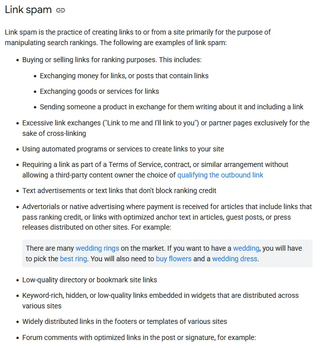 Example of Google's link spam guidance