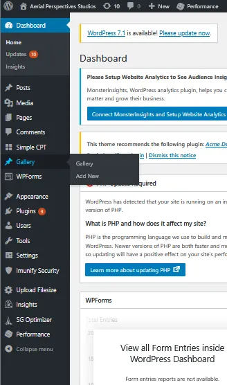 Navigating to the Gallery section in the WordPress sidebar